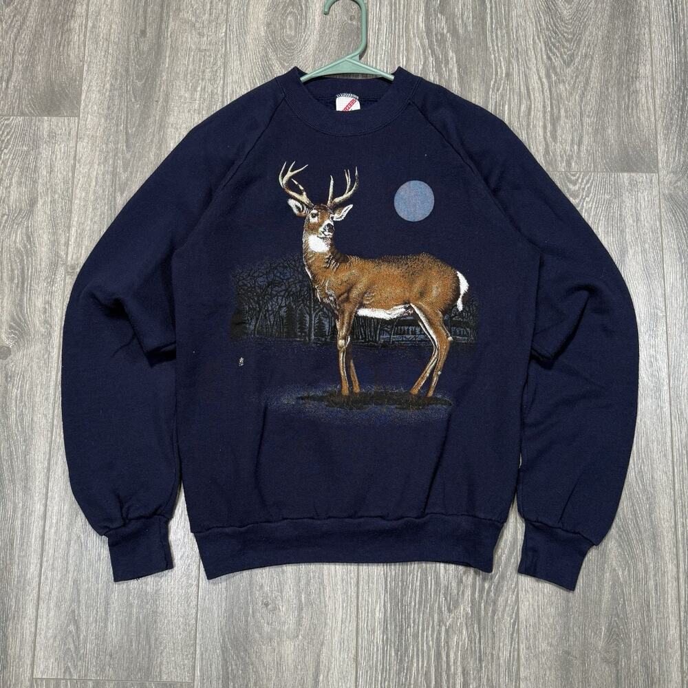 Vintage 1980s JERZEES Whitetail Buck Deer Sweatshirt Mens M Navy Made In USA